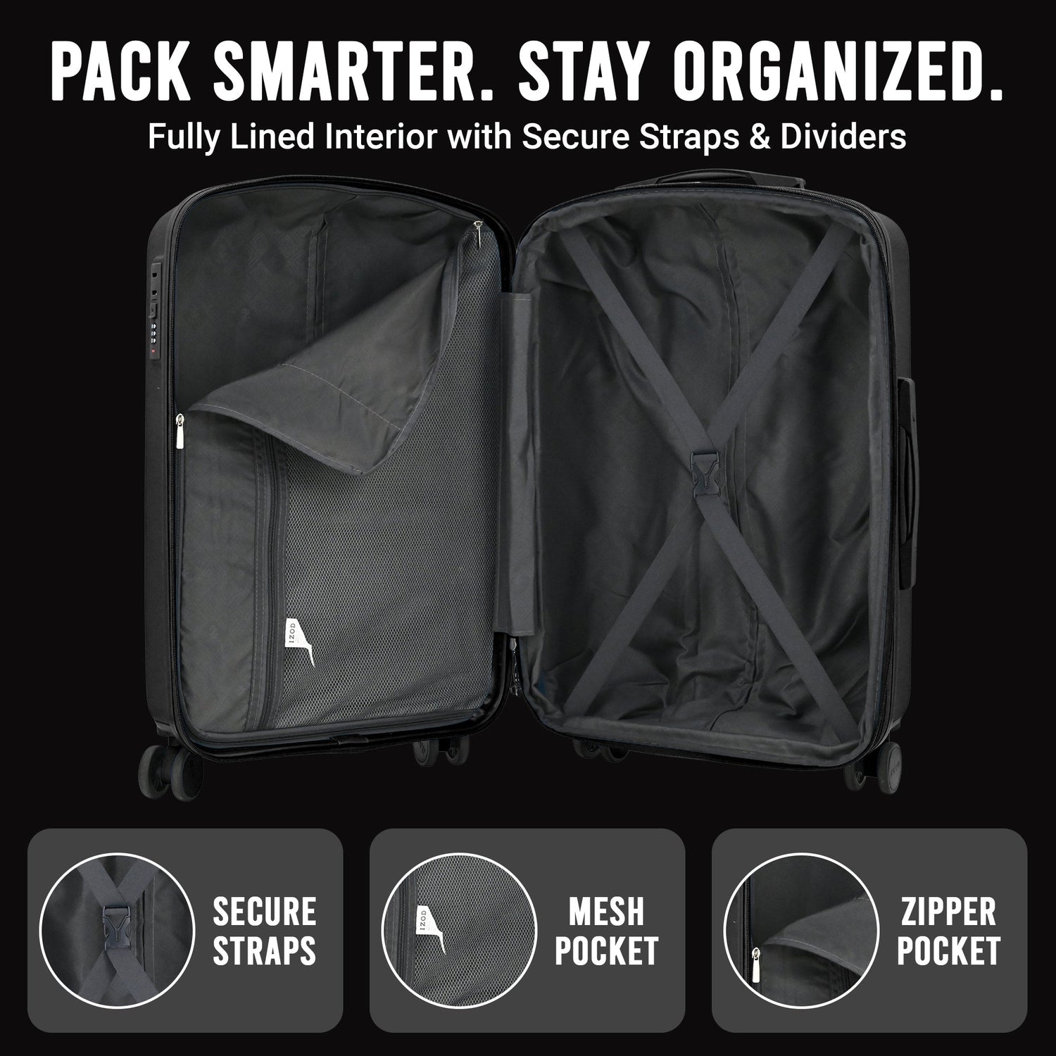 Black suitcase with open compartments on a black background, featuring text and icons about features.