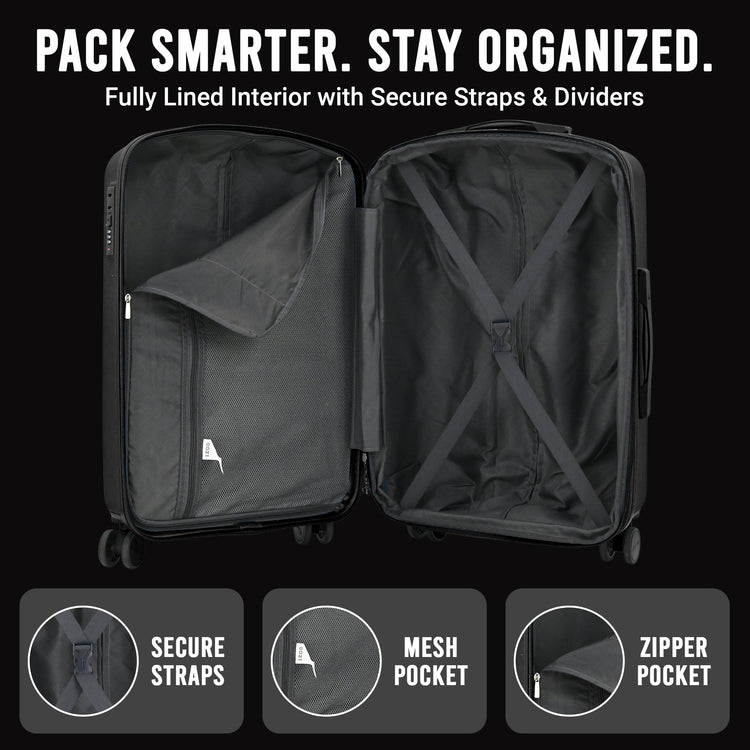 Black suitcase with open compartments on a black background, featuring text and icons about features.