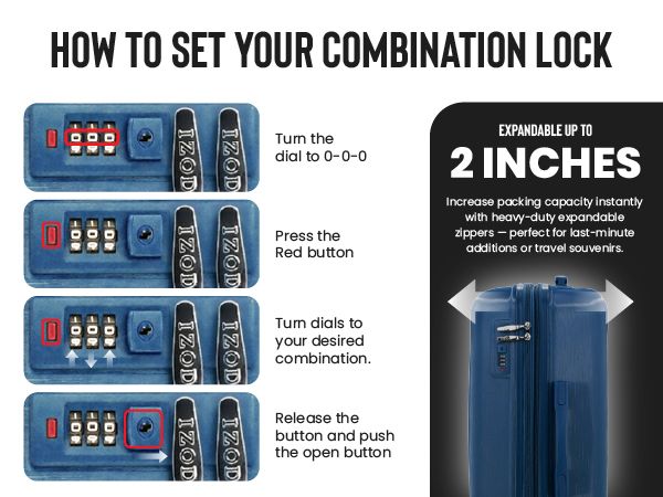 Instructions on how to set a combination lock on a blue bag with IZOD branding.