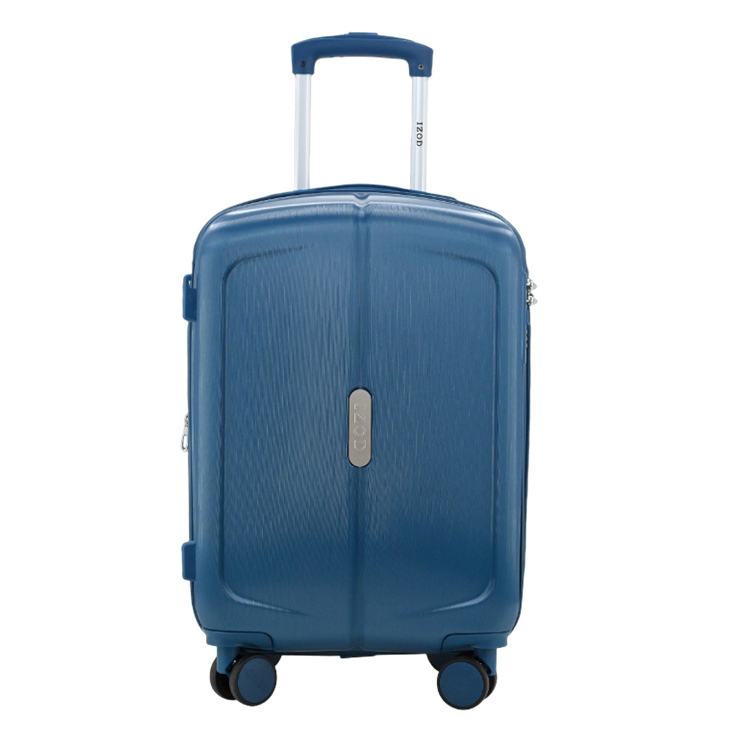 Blue suitcase with wheels on a white background