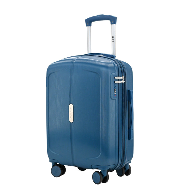 Blue suitcase with wheels and a handle on a white background
