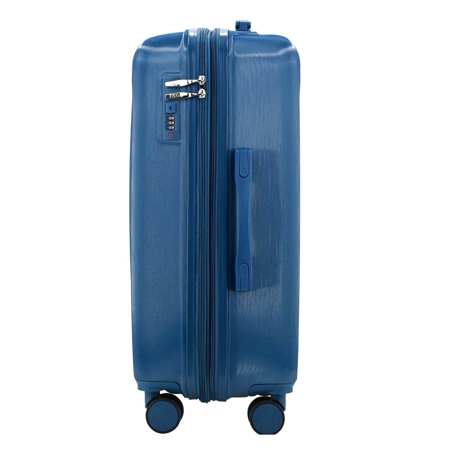 Blue suitcase with wheels on a white background