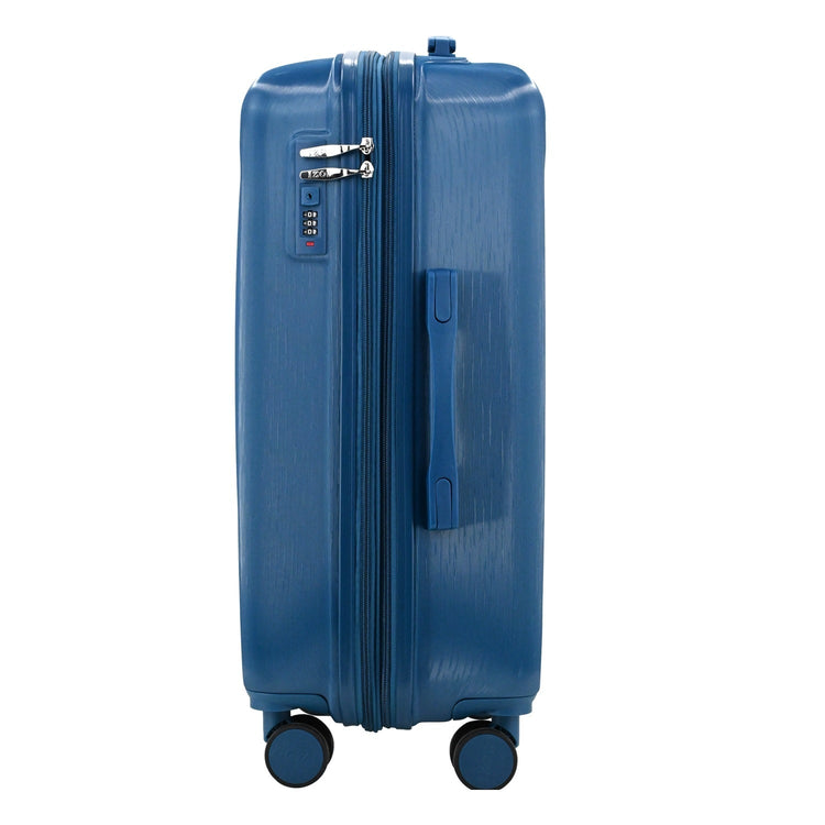 Blue suitcase with wheels on a white background