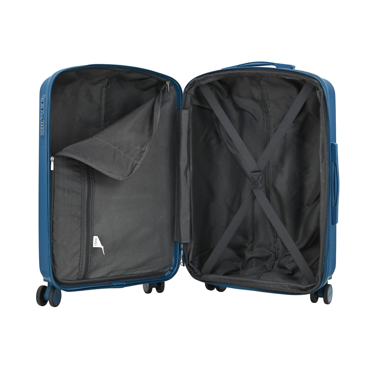Blue open suitcase on a white background
