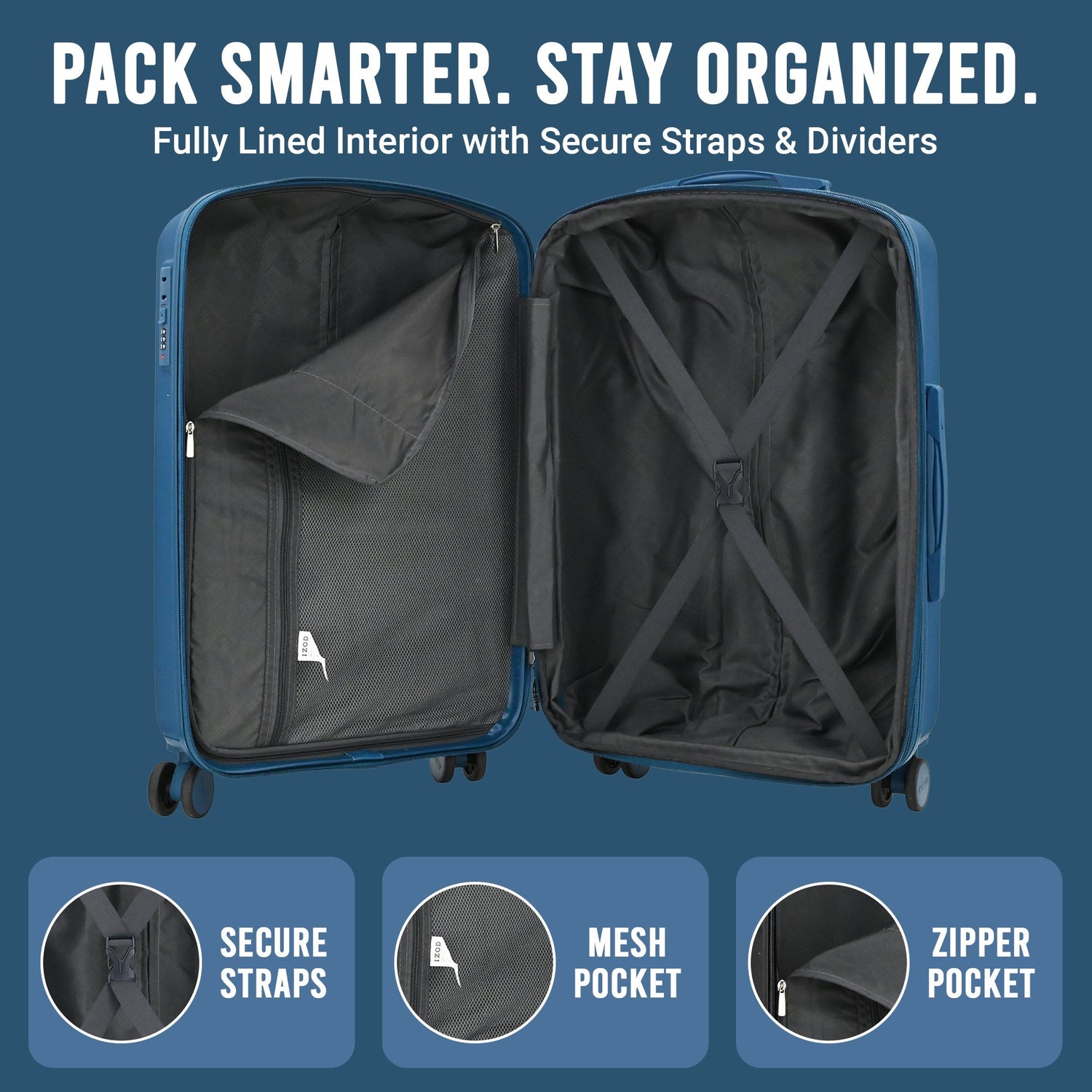 Open blue suitcase with interior features on a blue background