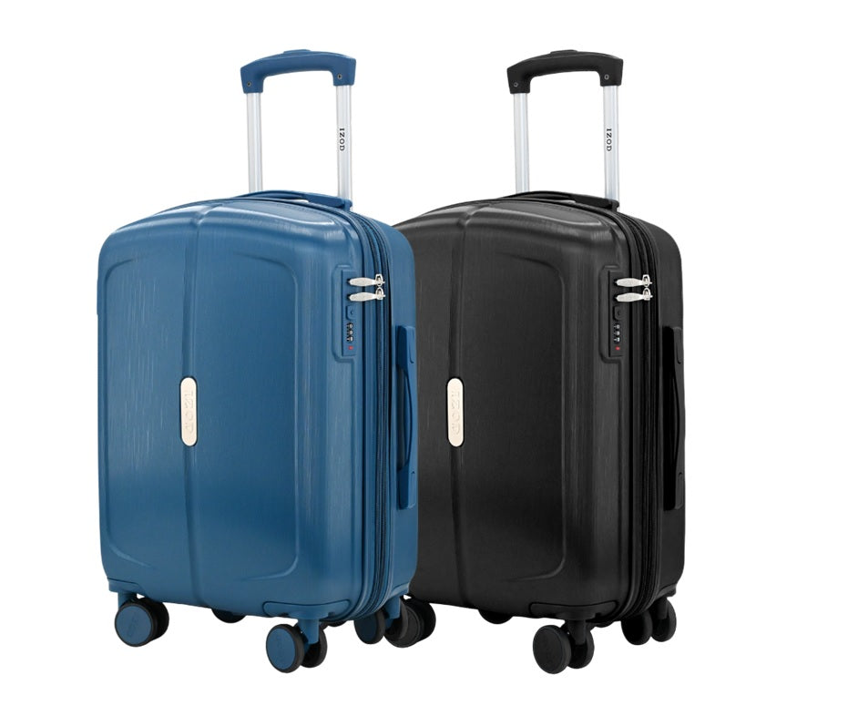 Two suitcases, one blue and one black, on a white background