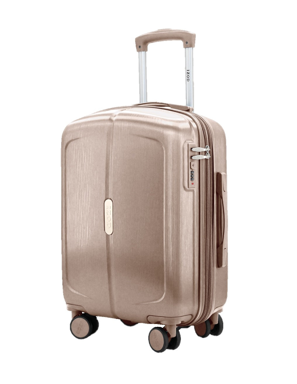 Rose gold suitcase with wheels on a white background