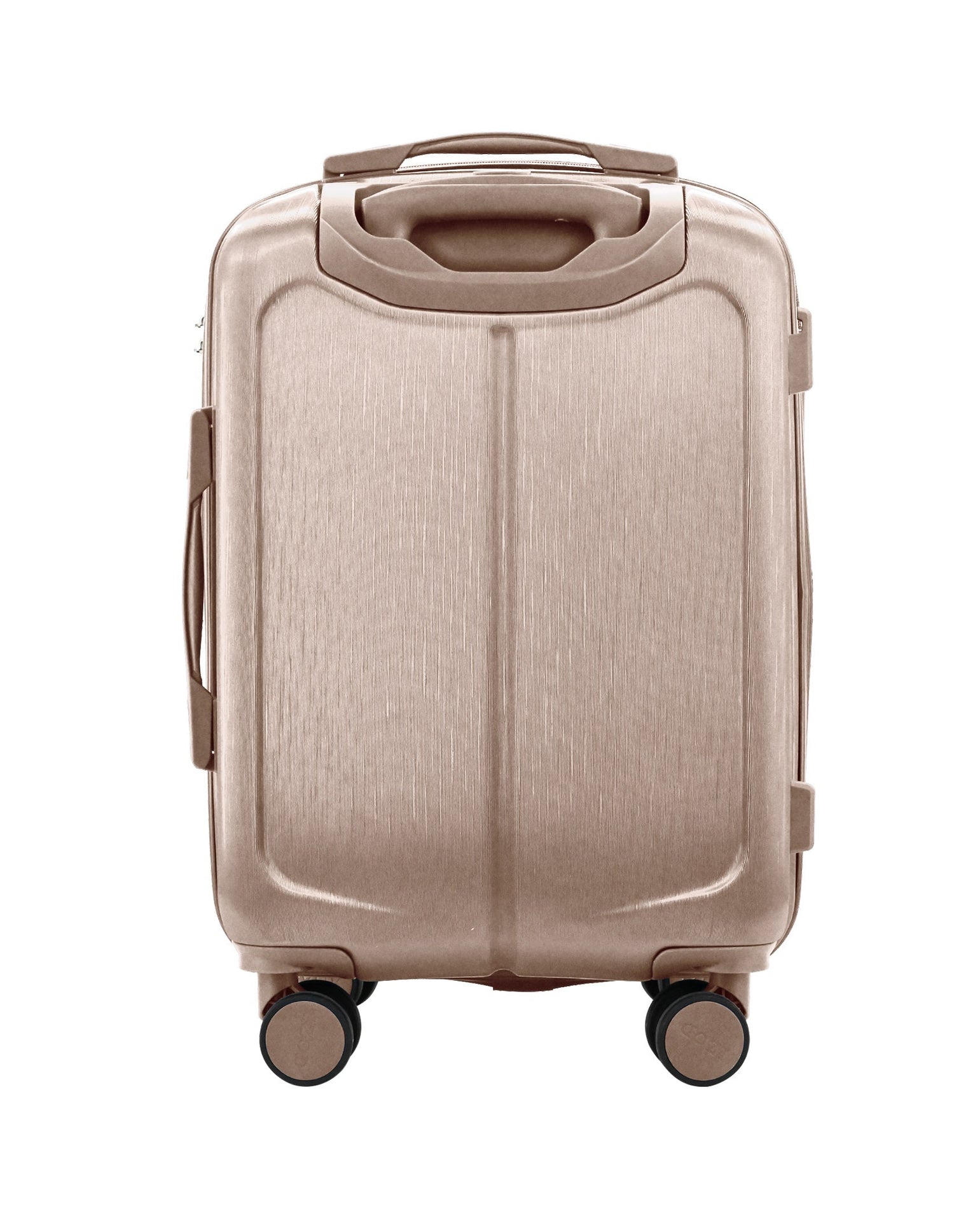 Rose gold suitcase with wheels on a white background