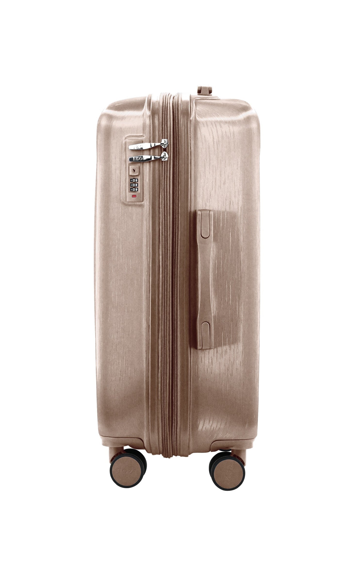Beige suitcase with wheels on a white background