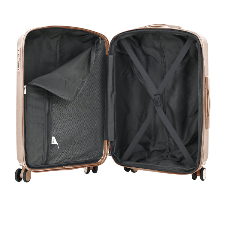 Open beige suitcase with black interior on a white background