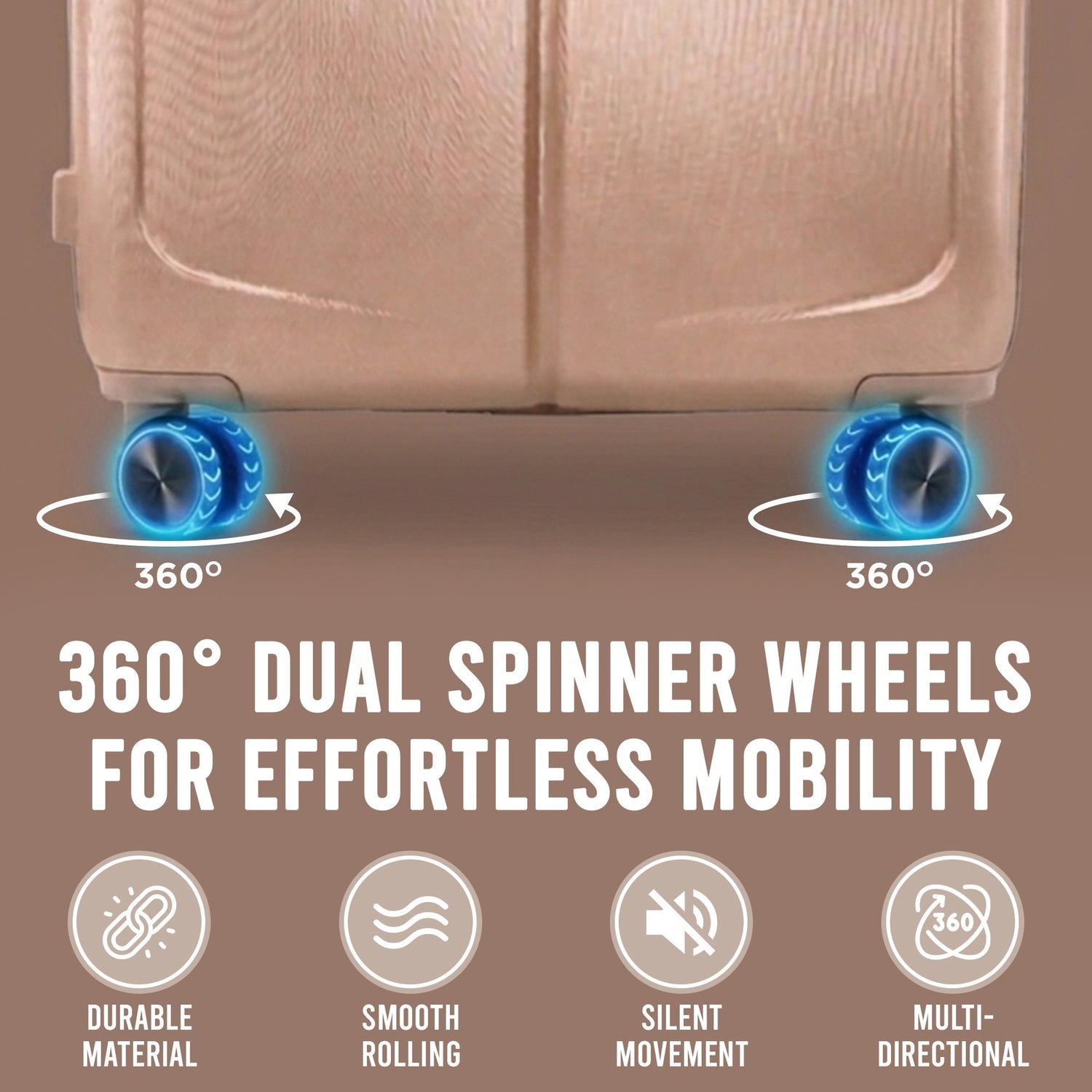 Beige suitcase with 360-degree dual spinner wheels on a brown background