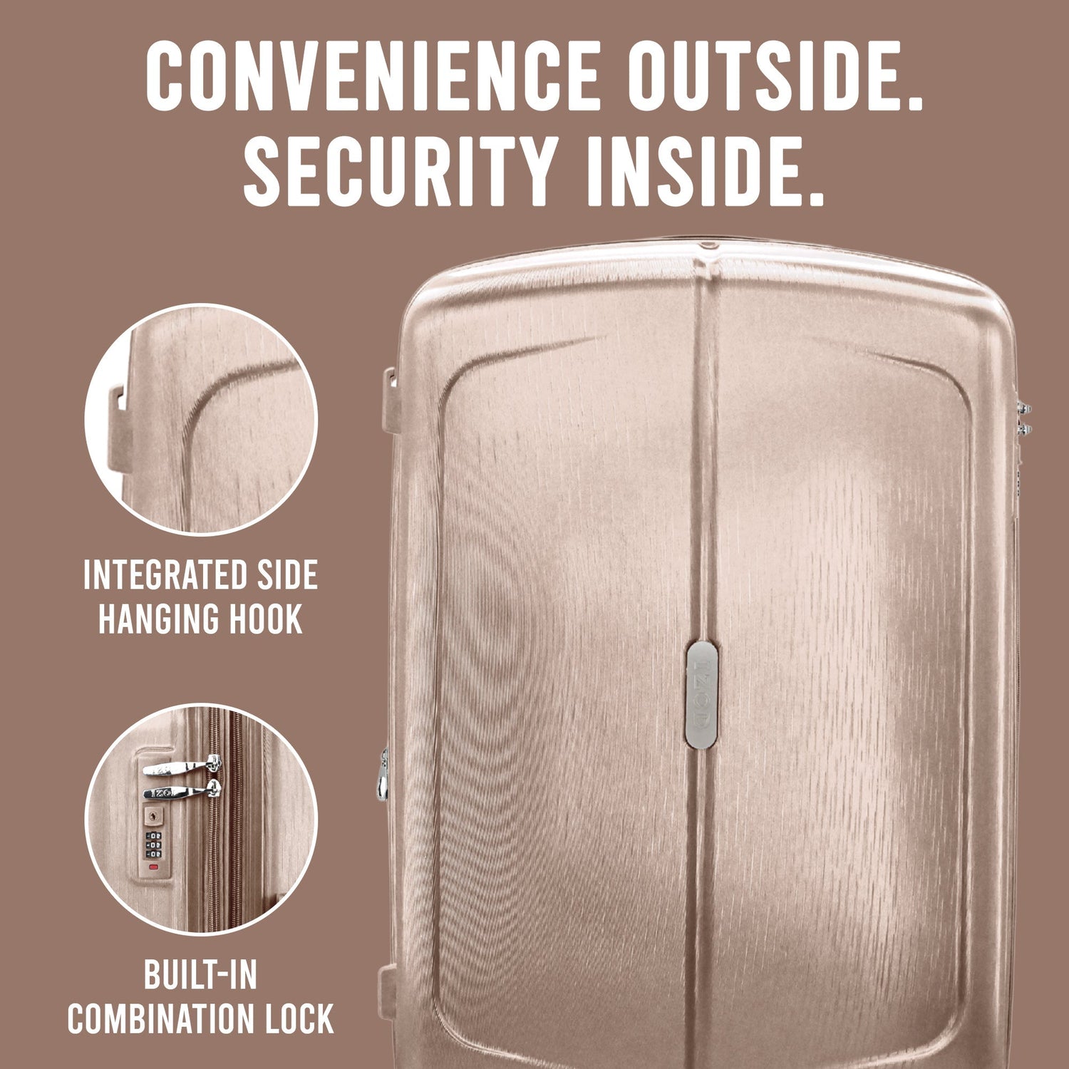 Metallic suitcase with features highlighted on a brown background