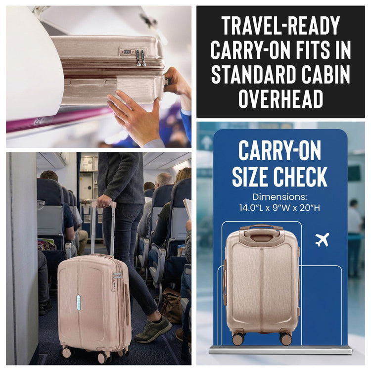 Collage of a travel-ready carry-on suitcase with text about dimensions and fit in airplane overhead compartments.
