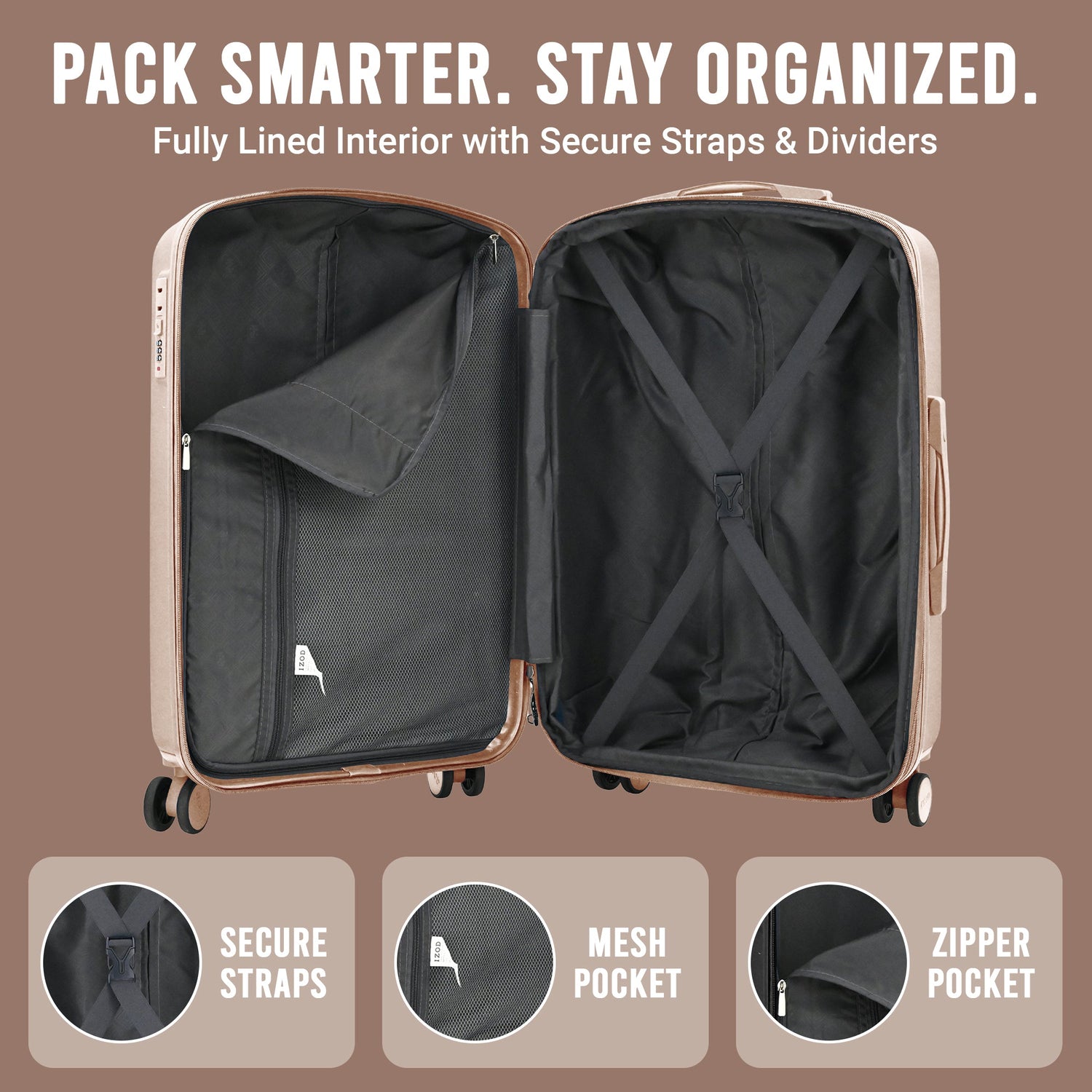 Open suitcase with interior features on a brown background, emphasizing organization and security.