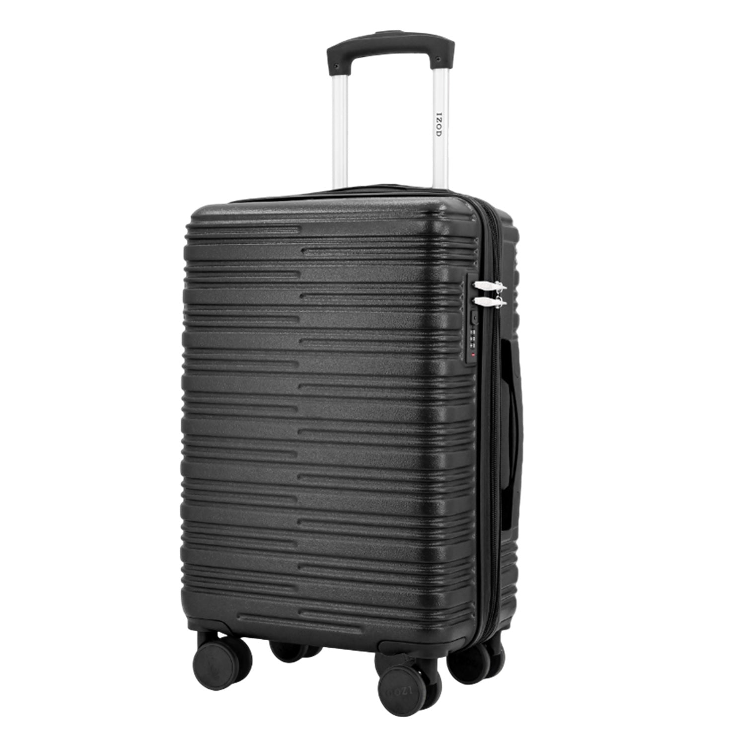 Black suitcase with wheels and a handle on a white background