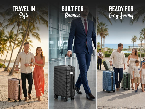 Three scenes showing people with suitcases: beach, airport, and family walkway.