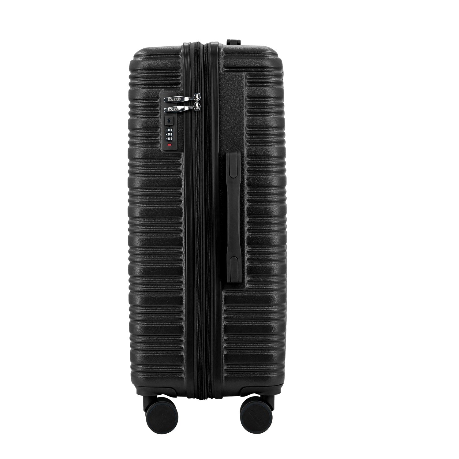 Black suitcase with wheels on a white background