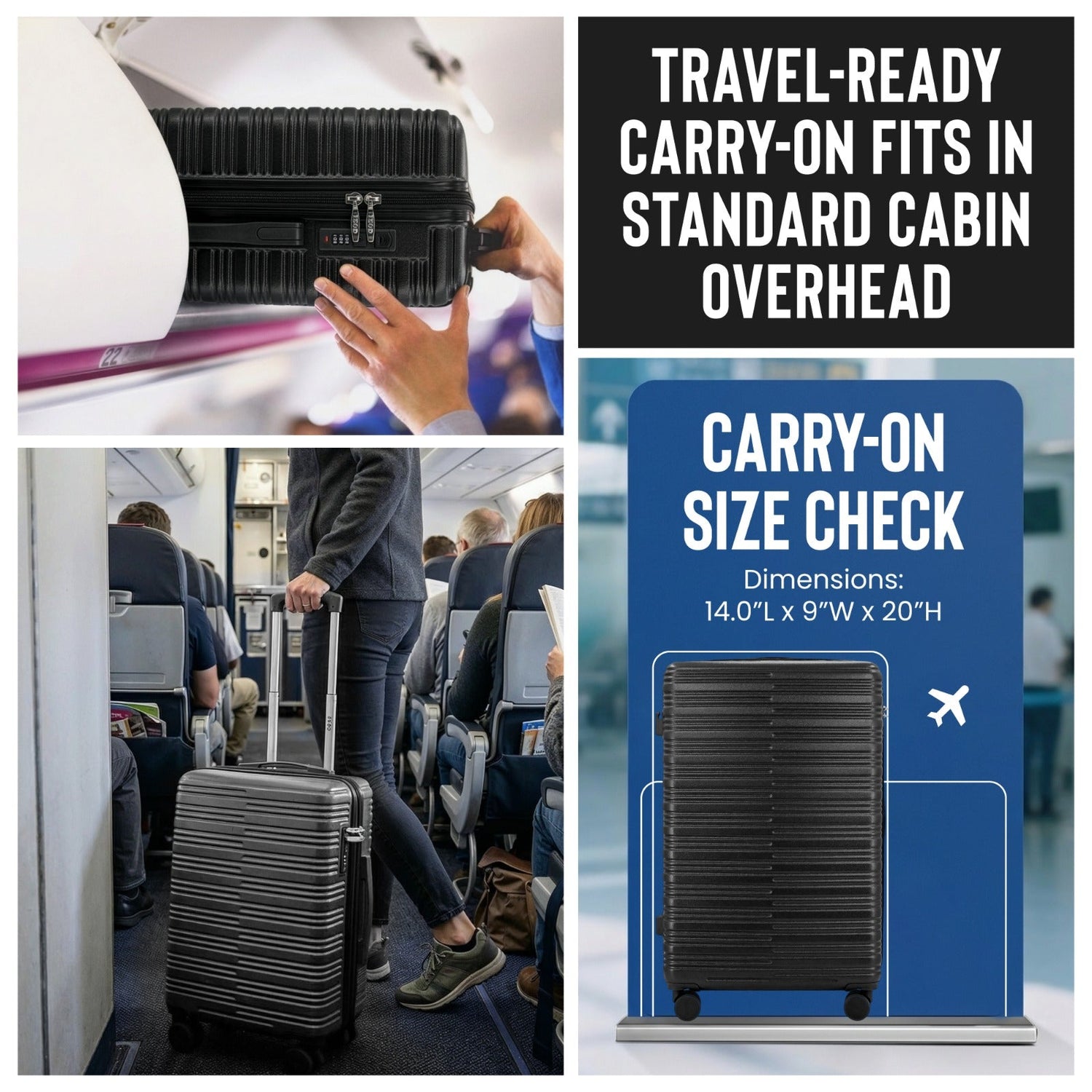 Collage of travel-related images including a suitcase, airplane interior, and size chart.