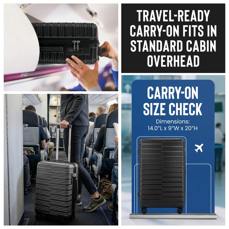 Collage of travel-related images including a suitcase, airplane interior, and size chart.