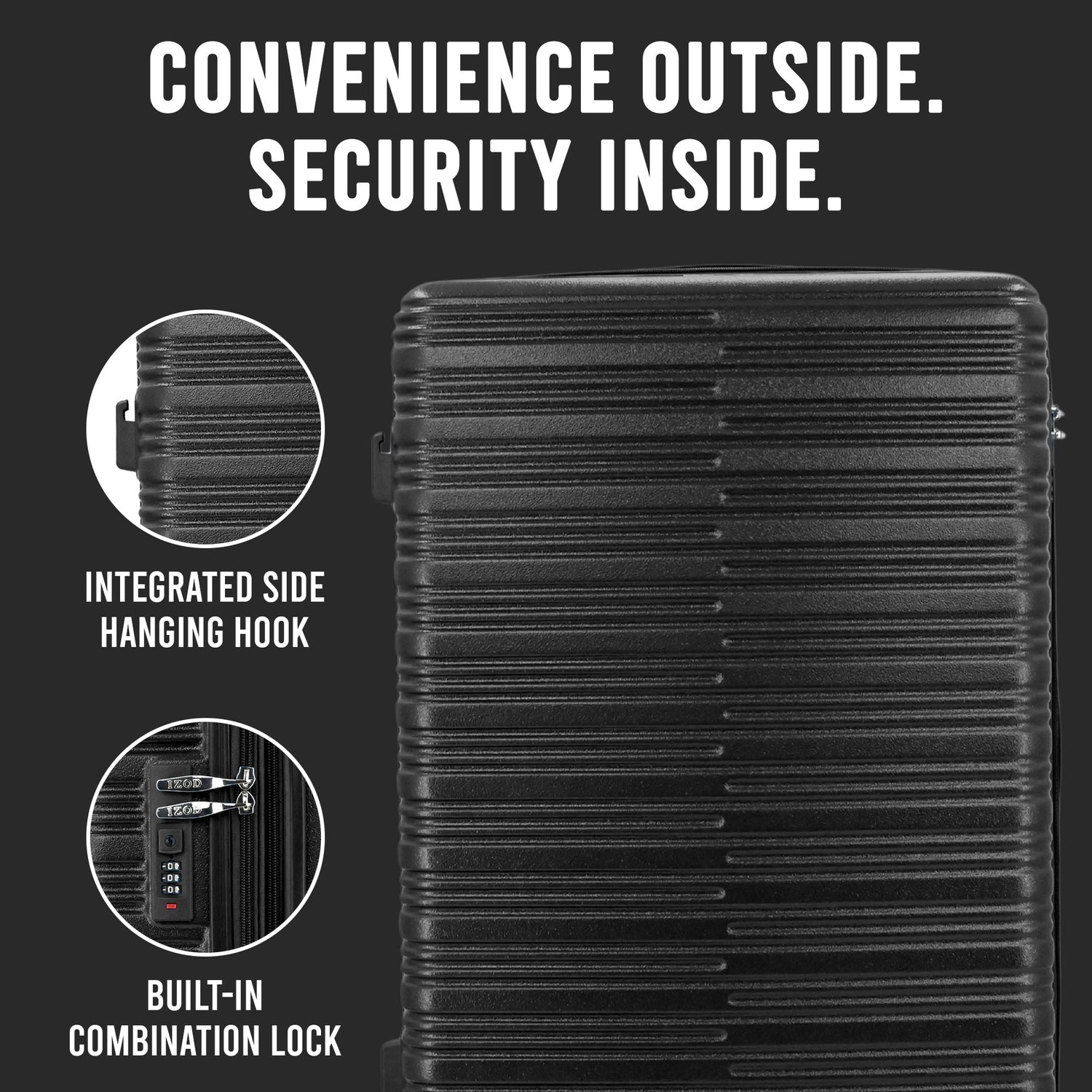Black suitcase with integrated side hanging hook and built-in combination lock on a dark background.