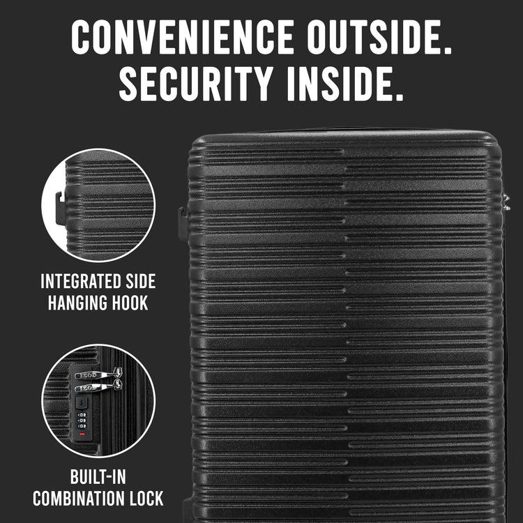 Black suitcase with integrated side hanging hook and built-in combination lock on a dark background.