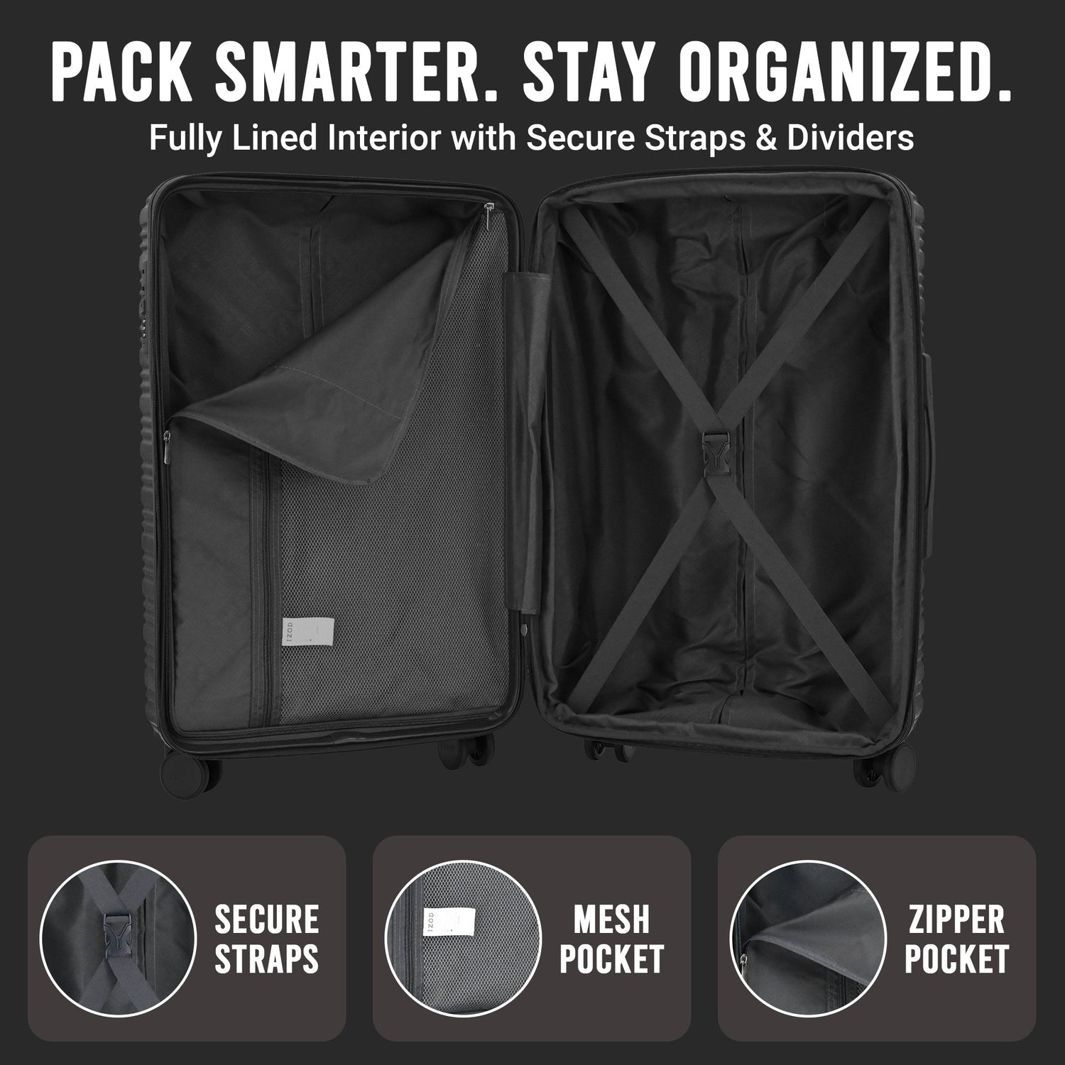 Open black suitcase with interior features on a dark background
