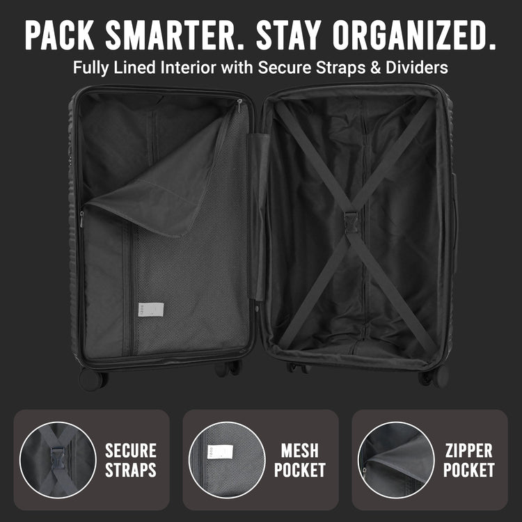 Open black suitcase with interior features on a dark background