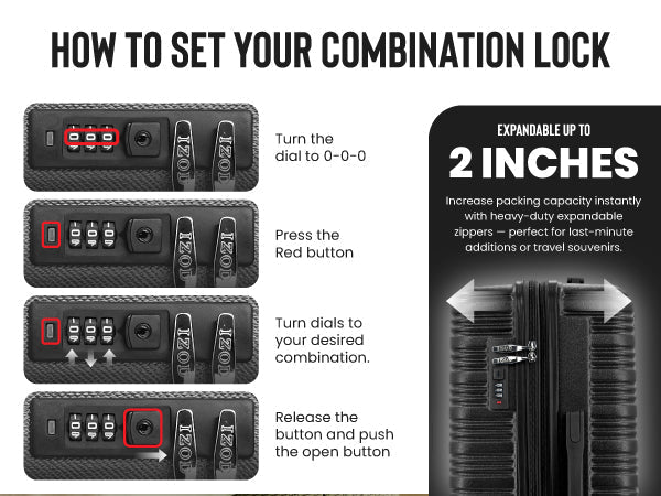 Instructions on how to set a combination lock on a product with text and diagrams.