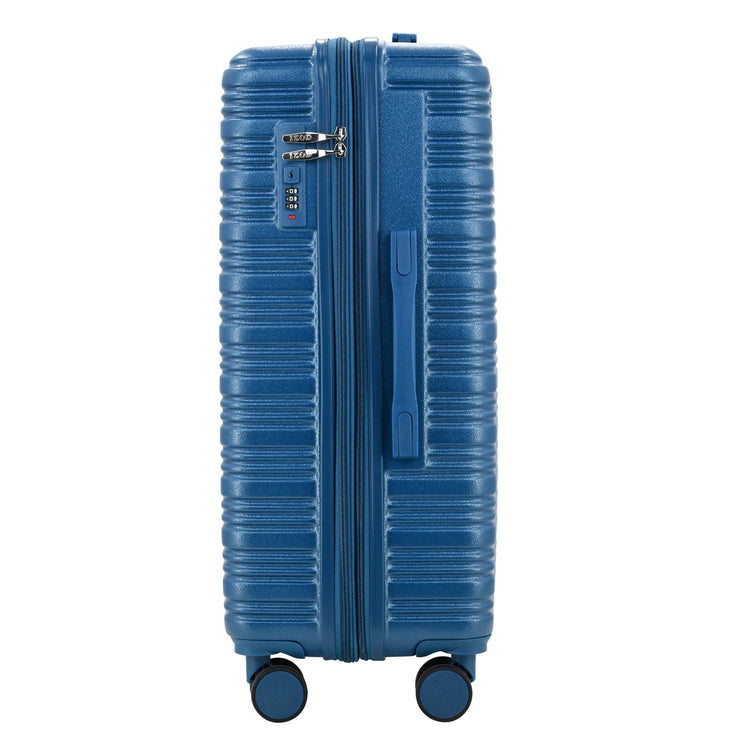 Blue suitcase with wheels on a white background