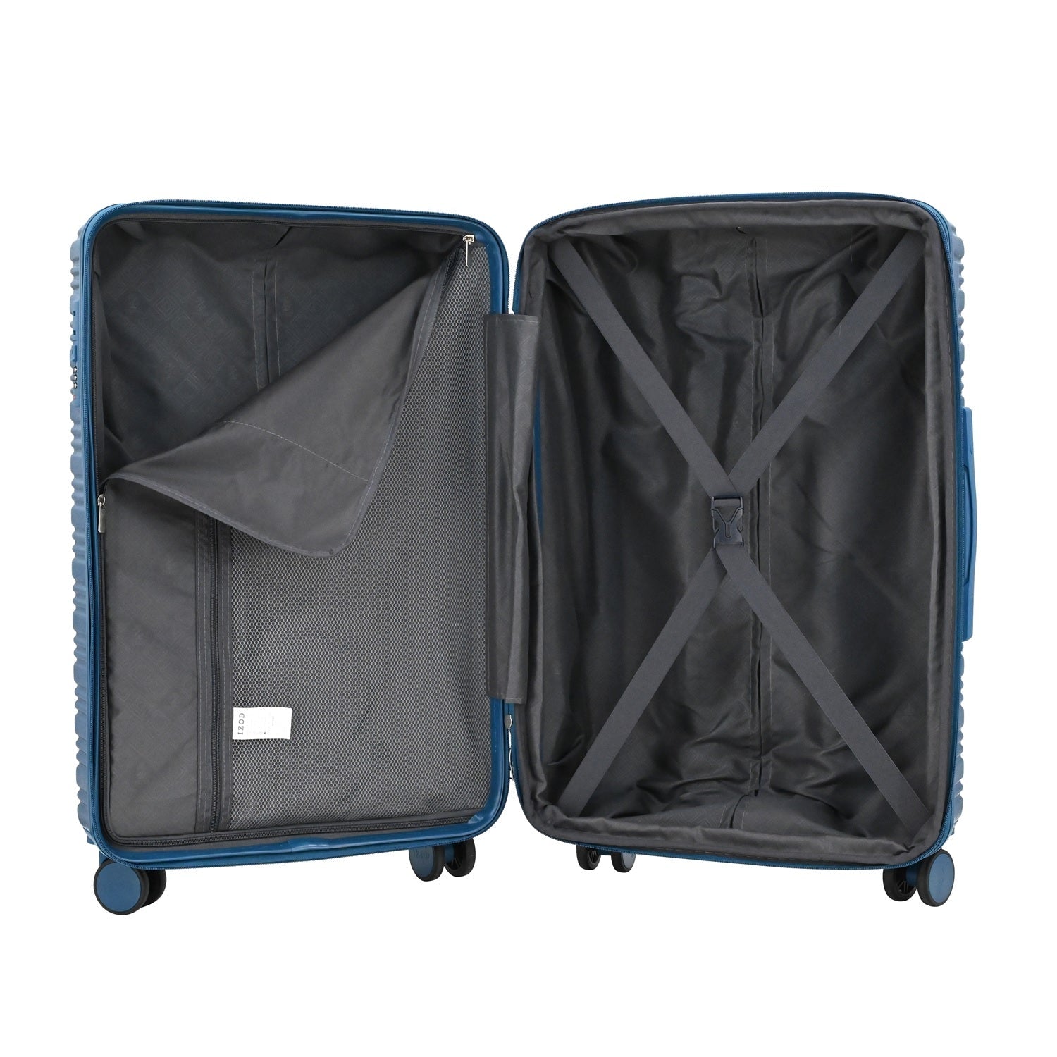 Open blue suitcase with interior compartments on a white background