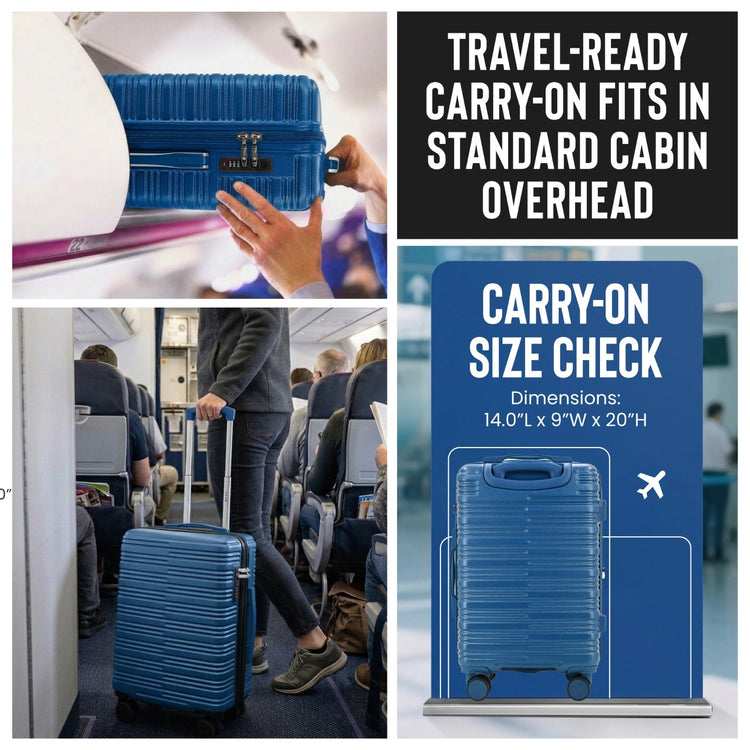 Collage of a blue suitcase being held, placed in an airplane overhead compartment, and carried by a person. Includes text about travel-ready carry-on size.