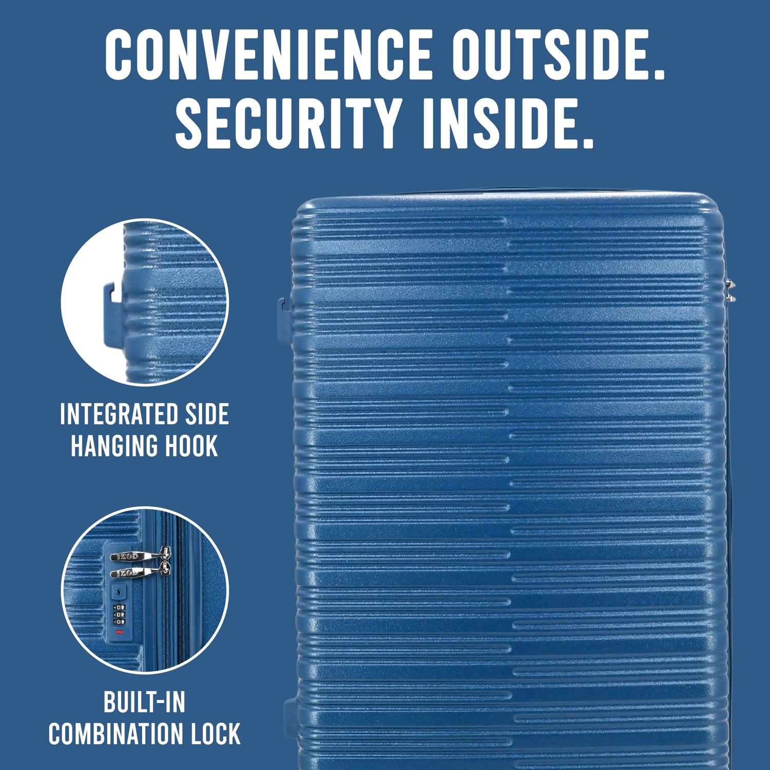 Blue suitcase with features highlighted on a blue background