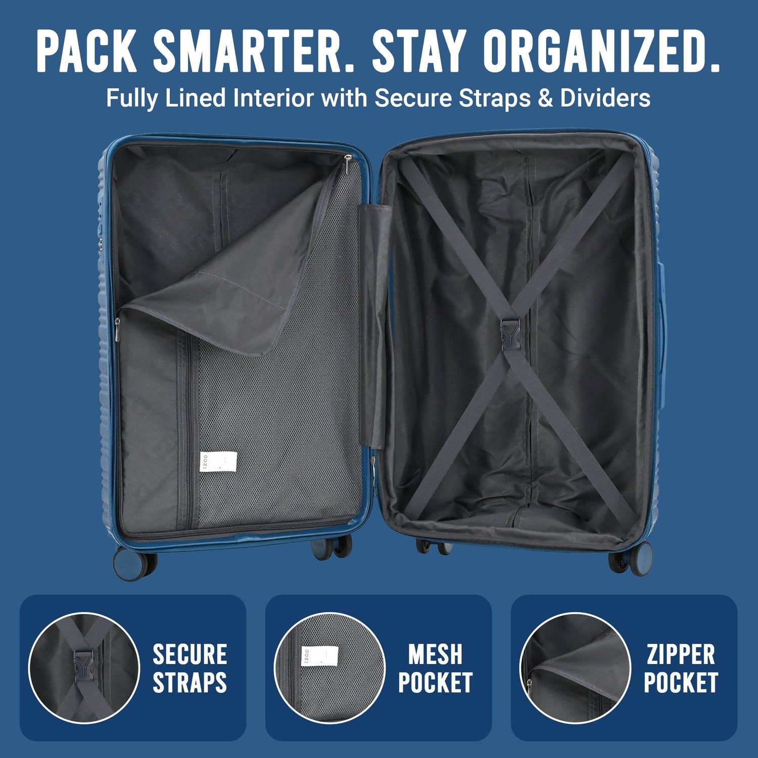 Open suitcase with interior features on a blue background, emphasizing organization and security.