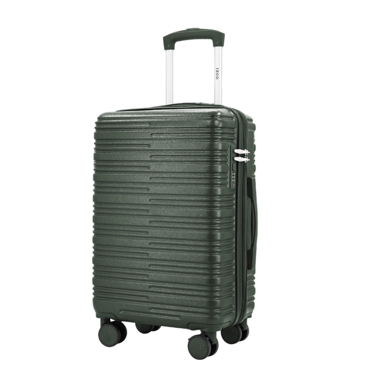 Green suitcase with a striped pattern on a white background