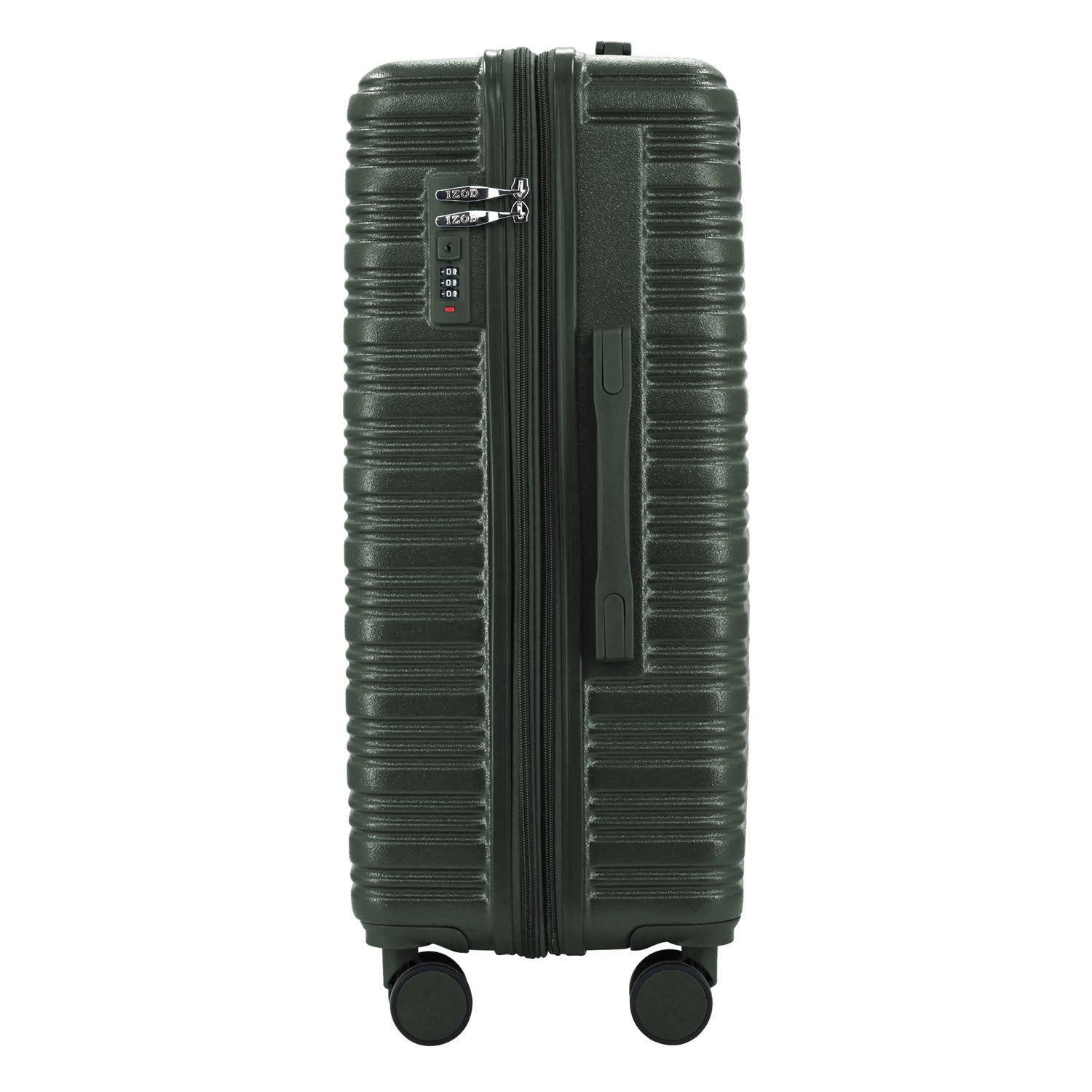 Green suitcase with wheels on a white background