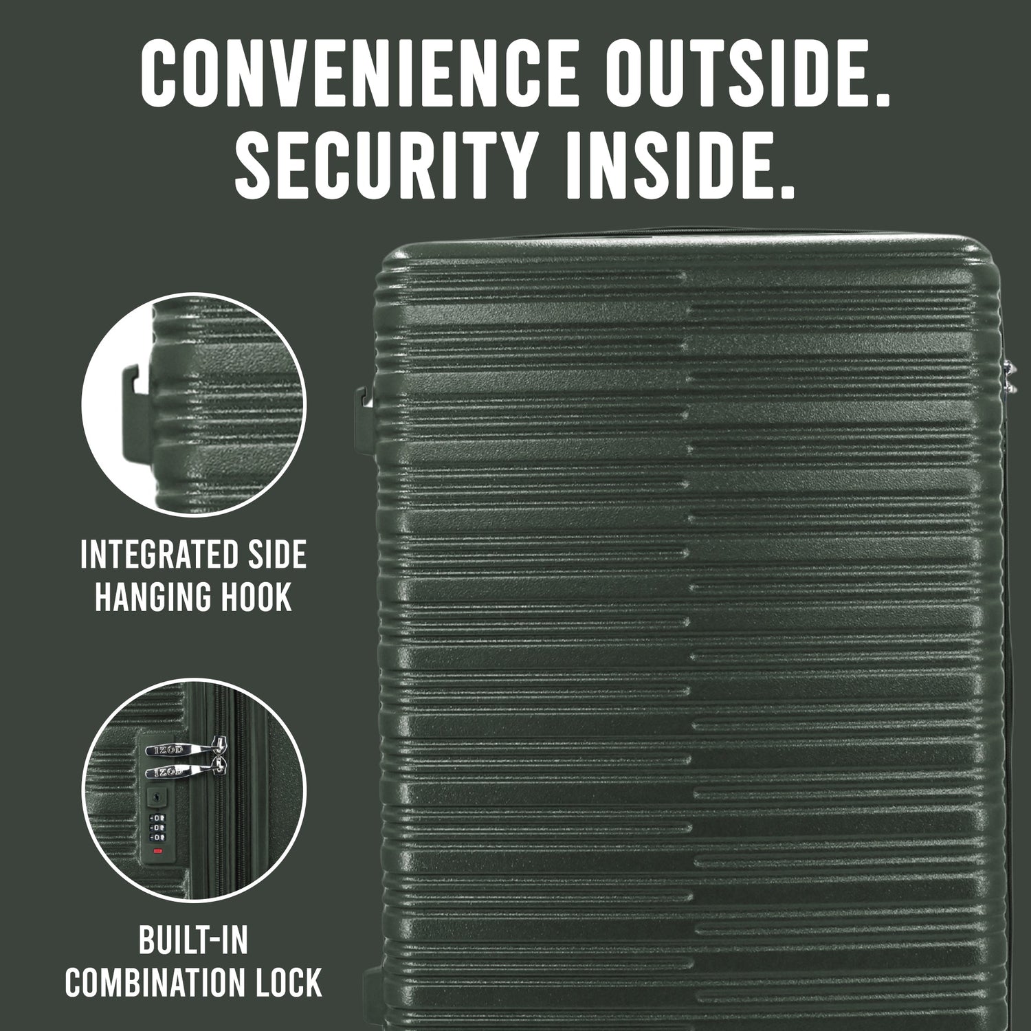 Black suitcase with text highlighting features like a side hanging hook and built-in combination lock on a dark background.