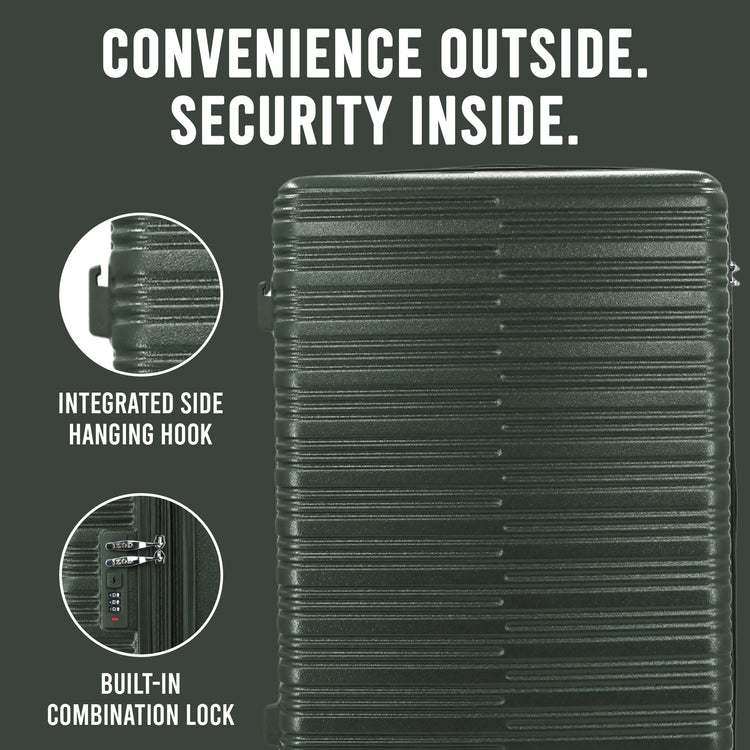 Black suitcase with text highlighting features like a side hanging hook and built-in combination lock on a dark background.