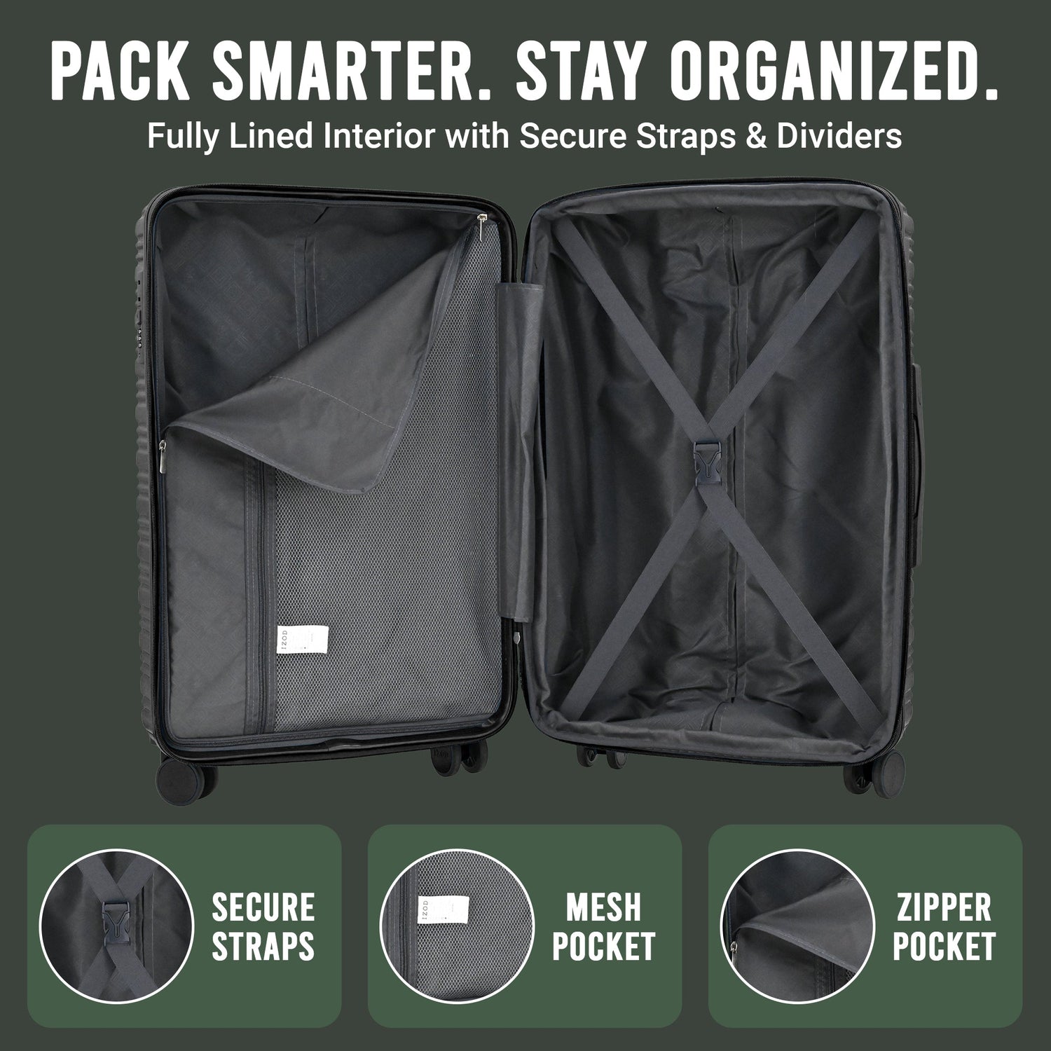 Open black suitcase with interior features highlighted on a dark green background