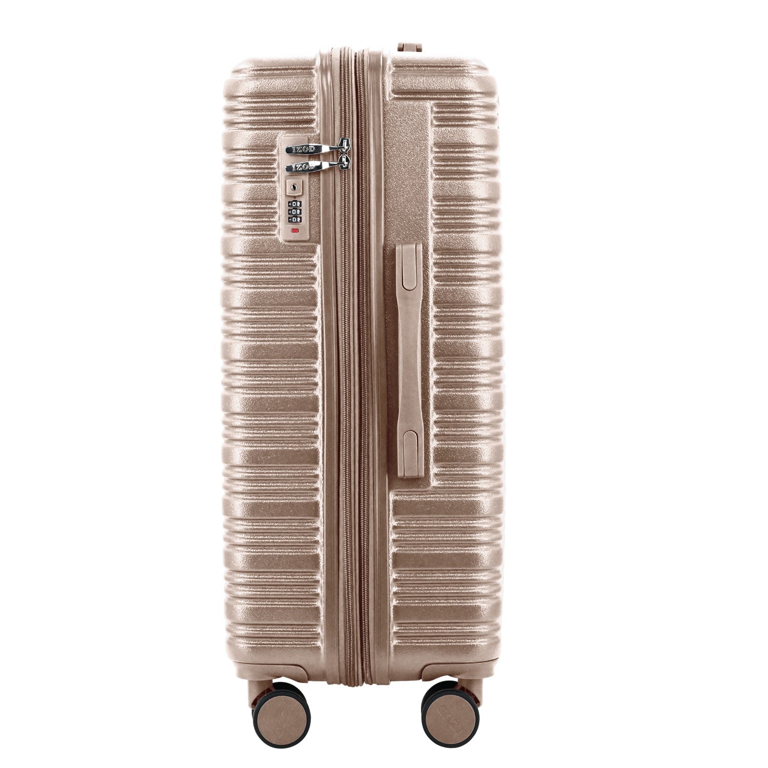 Beige suitcase with a textured surface on a white background