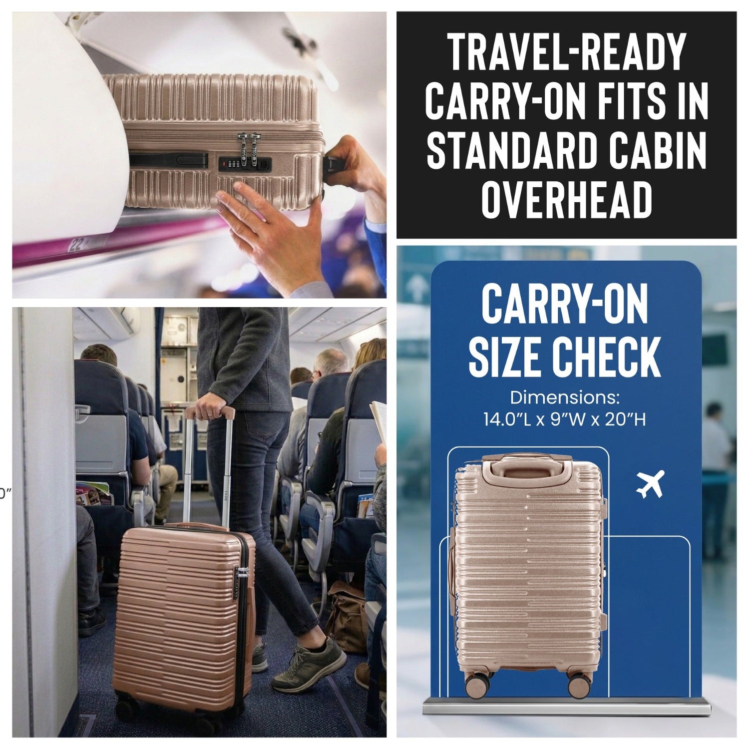 Collage of a travel-ready carry-on suitcase with dimensions and fitting information on an airplane.