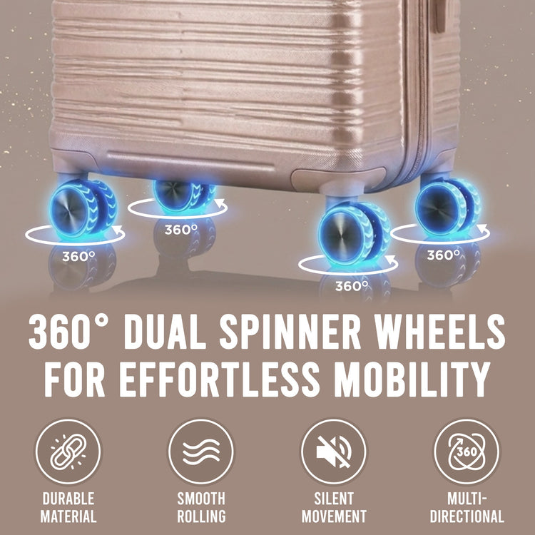 Suitcase with 360-degree dual spinner wheels on a beige background