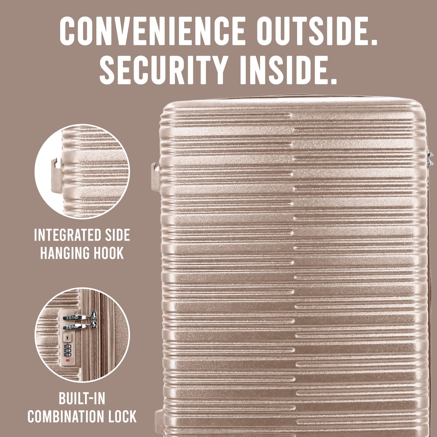 Silver suitcase with text highlighting features like a side hanging hook and built-in combination lock on a beige background.