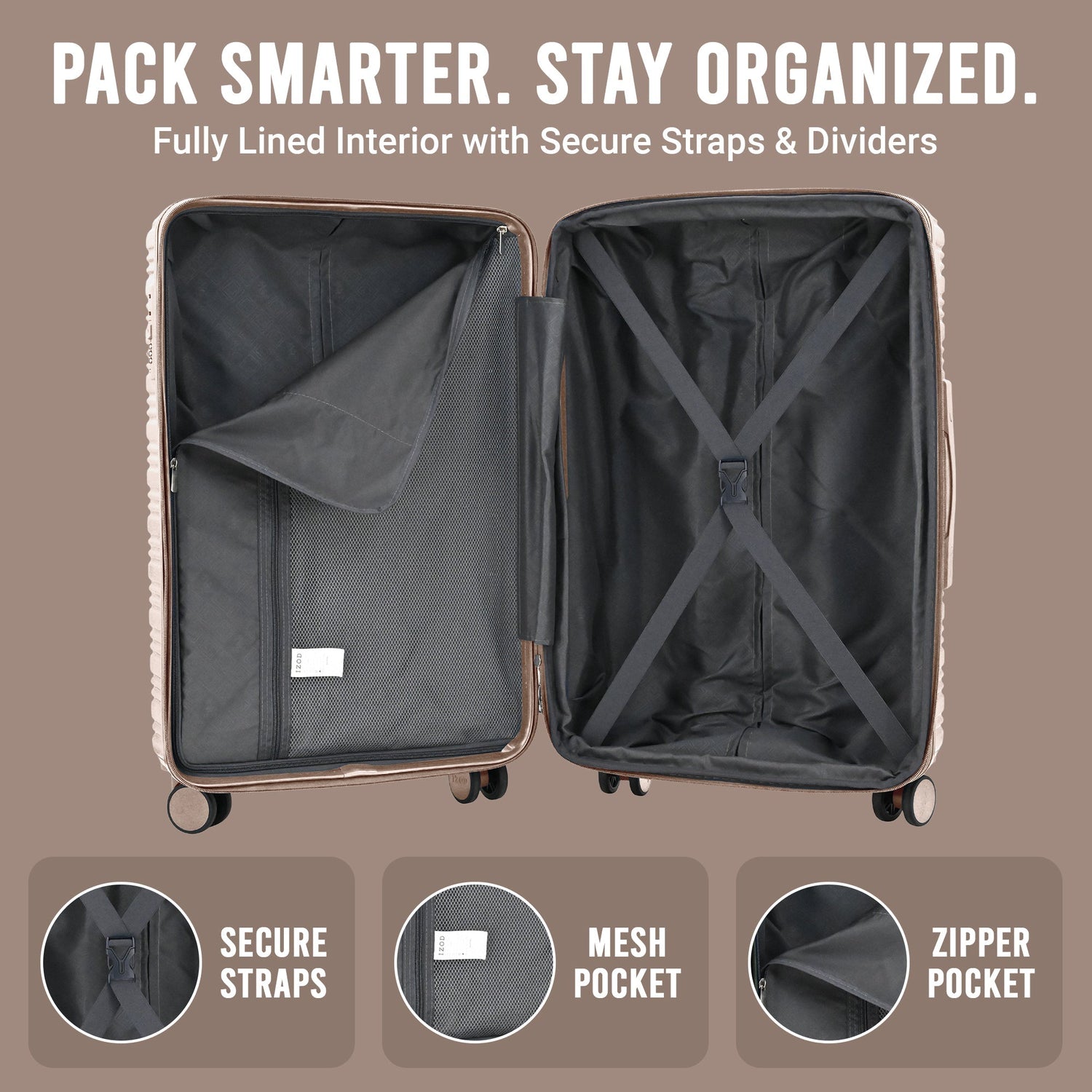 Open suitcase with interior features on a brown background, emphasizing organization and security.
