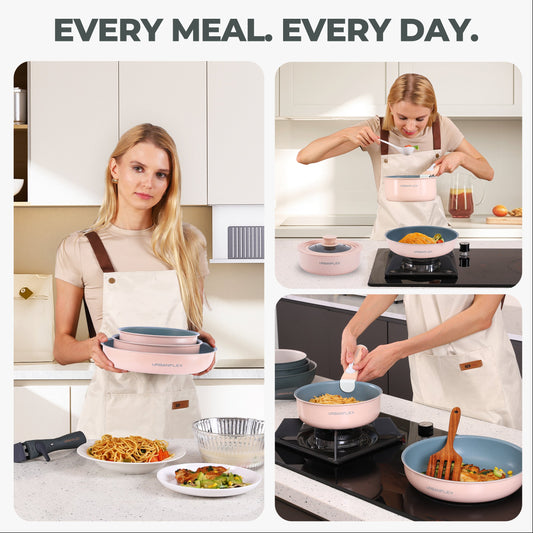 Pink and gray kitchen tool with 'BUILT TO LAST' text and durability icons on a light background