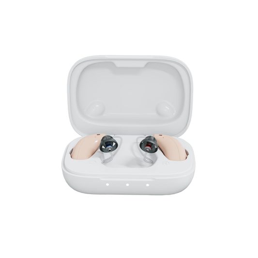 Hearing aid with charging case on a white background