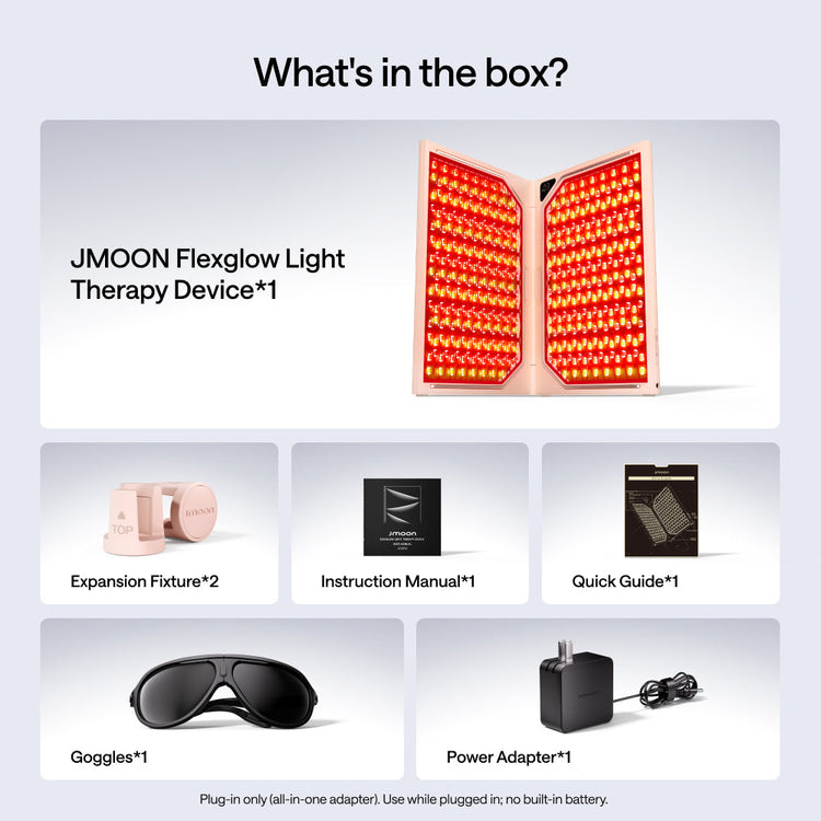 List of items included in the JMOON Flexglow Light Therapy Device box.