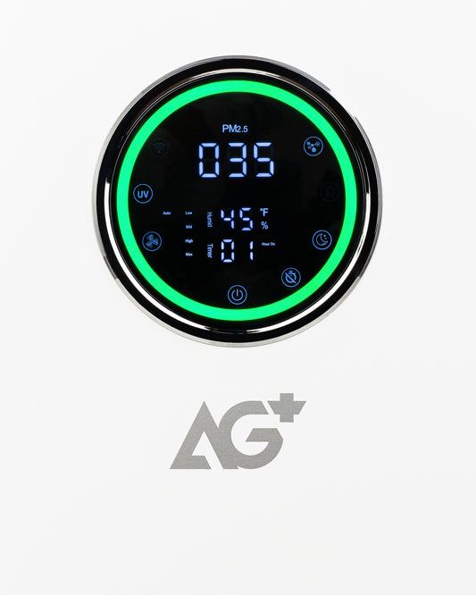 White air purifier with digital display on a white background