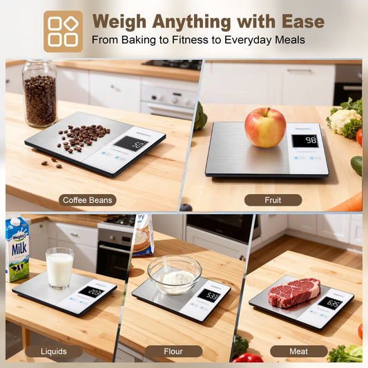 Digital kitchen scale with metallic finish on a white background