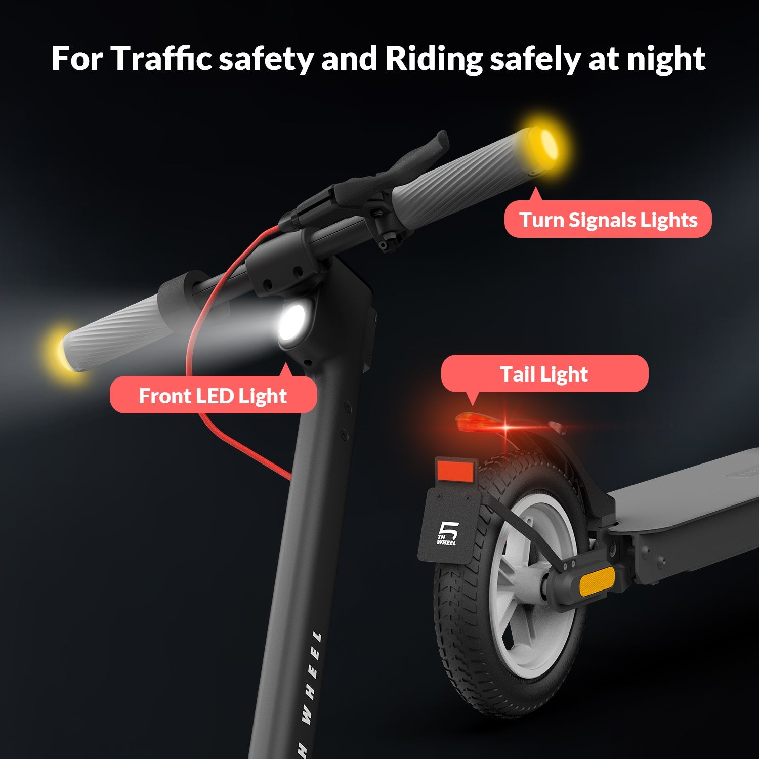 Electric scooter with labeled lights for traffic safety on a dark background