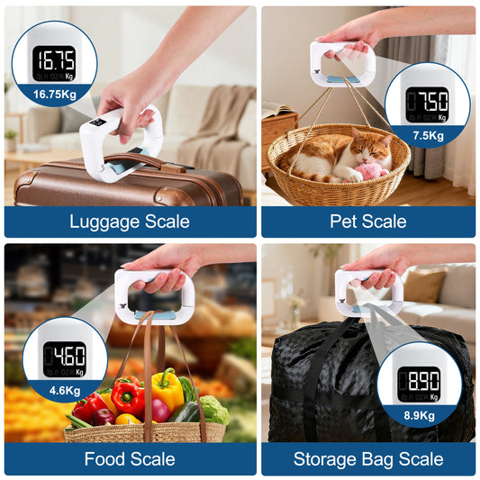 White luggage scale with blue accents and matching luggage tag and passport cover on a white background